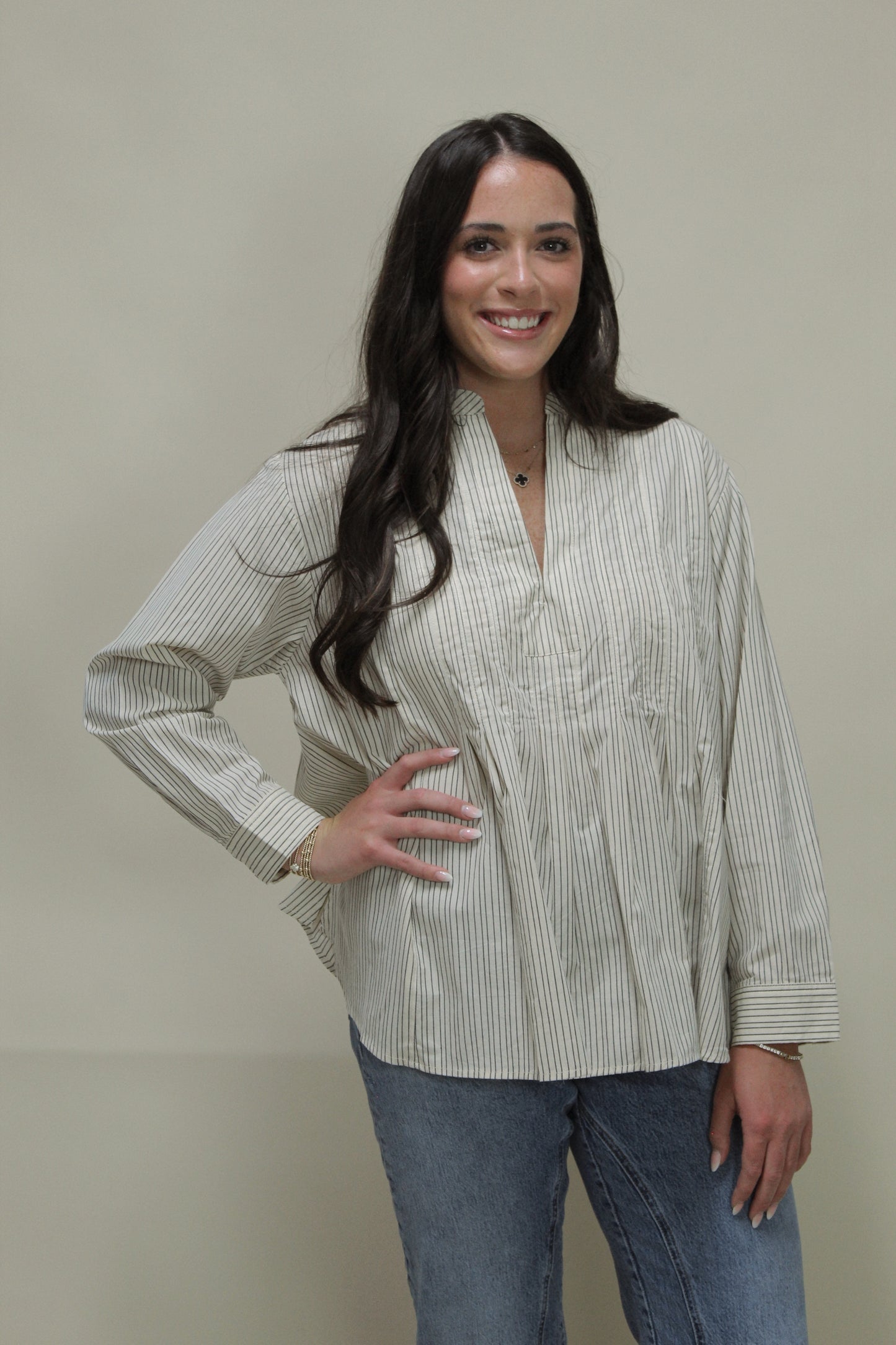 Lilly Striped V-Neck Pleated Top