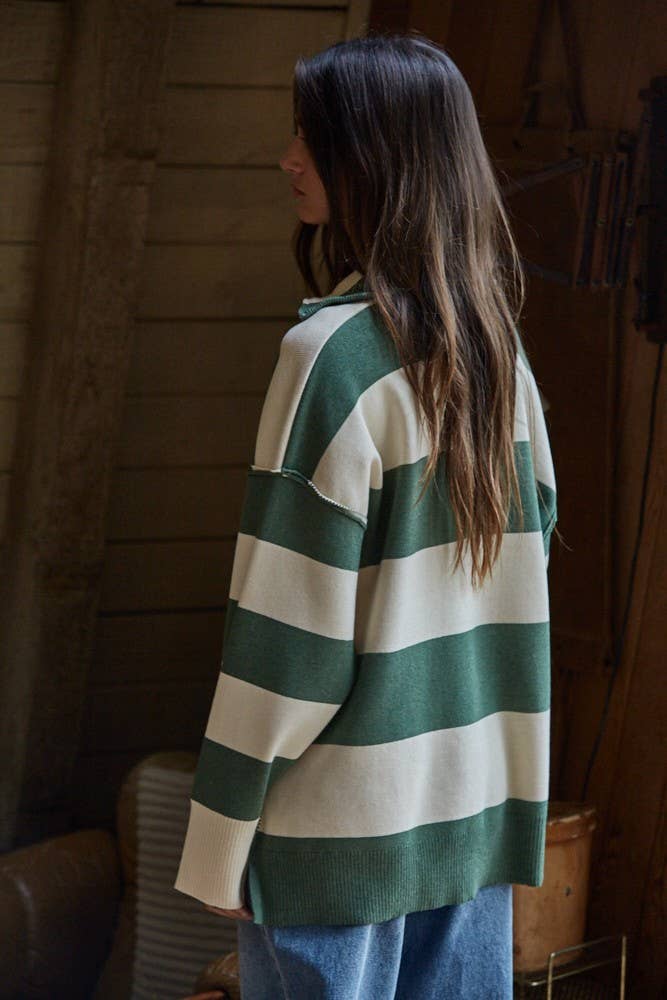 By Tog Knit Sand Striped Turtleneck Half Zip Up Top