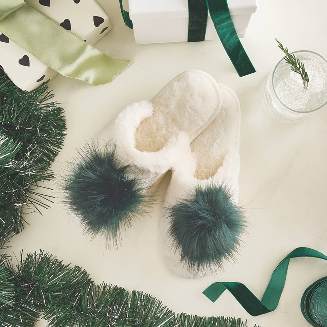 Bella Sleep Plush Slippers - Ivory + Forest Green Pom Pom