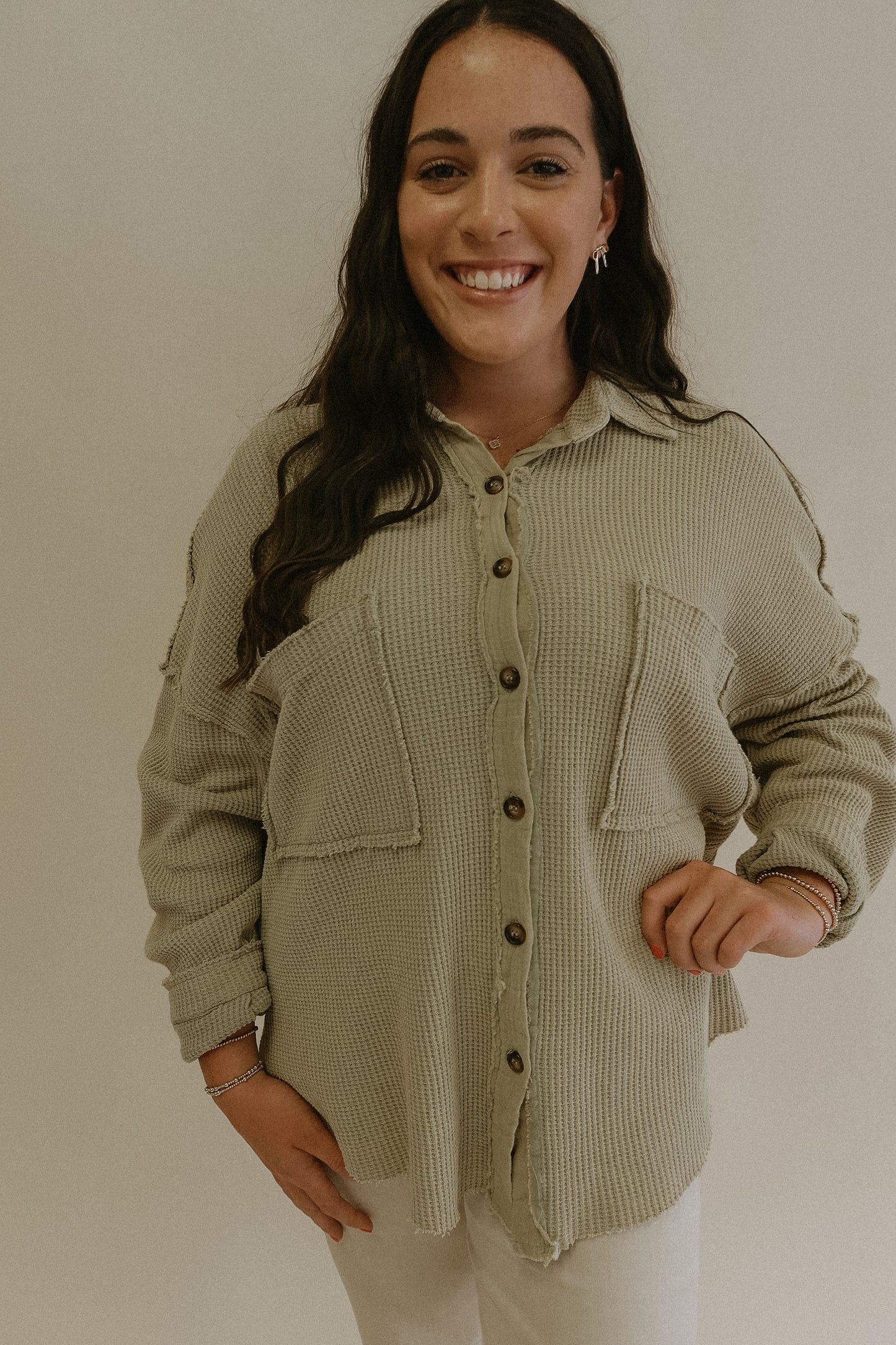 POL Pistachio Oversized Button Front Long Sleeve Thermal