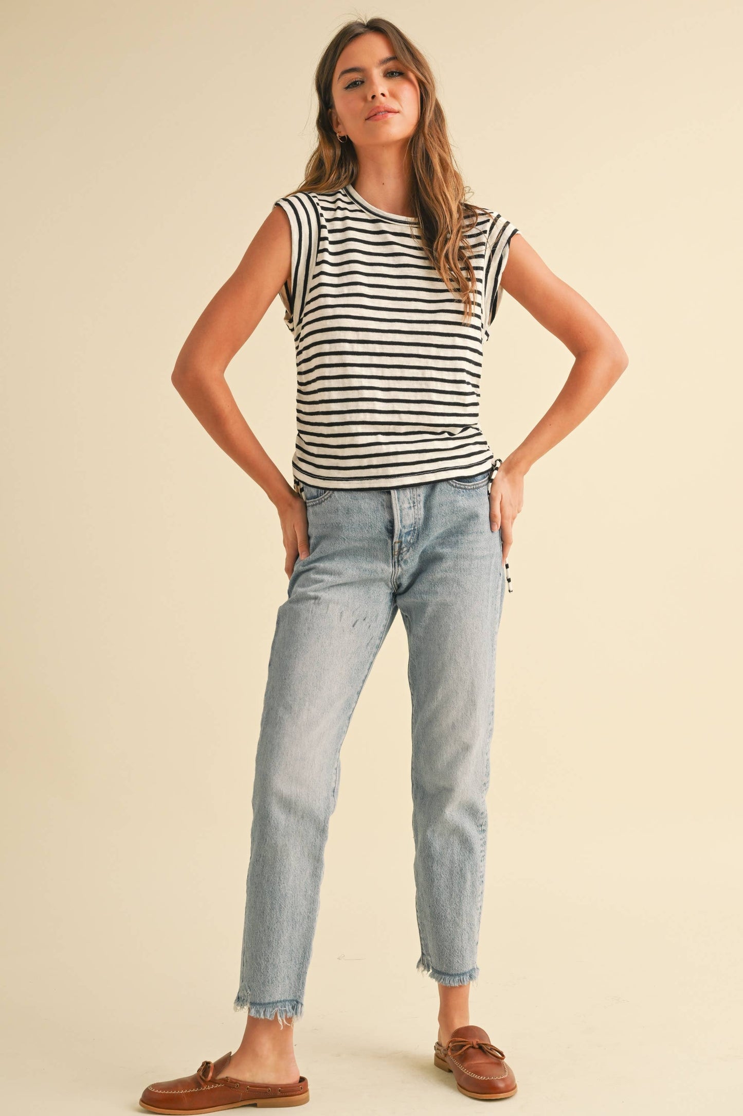 MIOU MUSE TAN STRIPED DRAWSTRING ON SIDE SS TOP