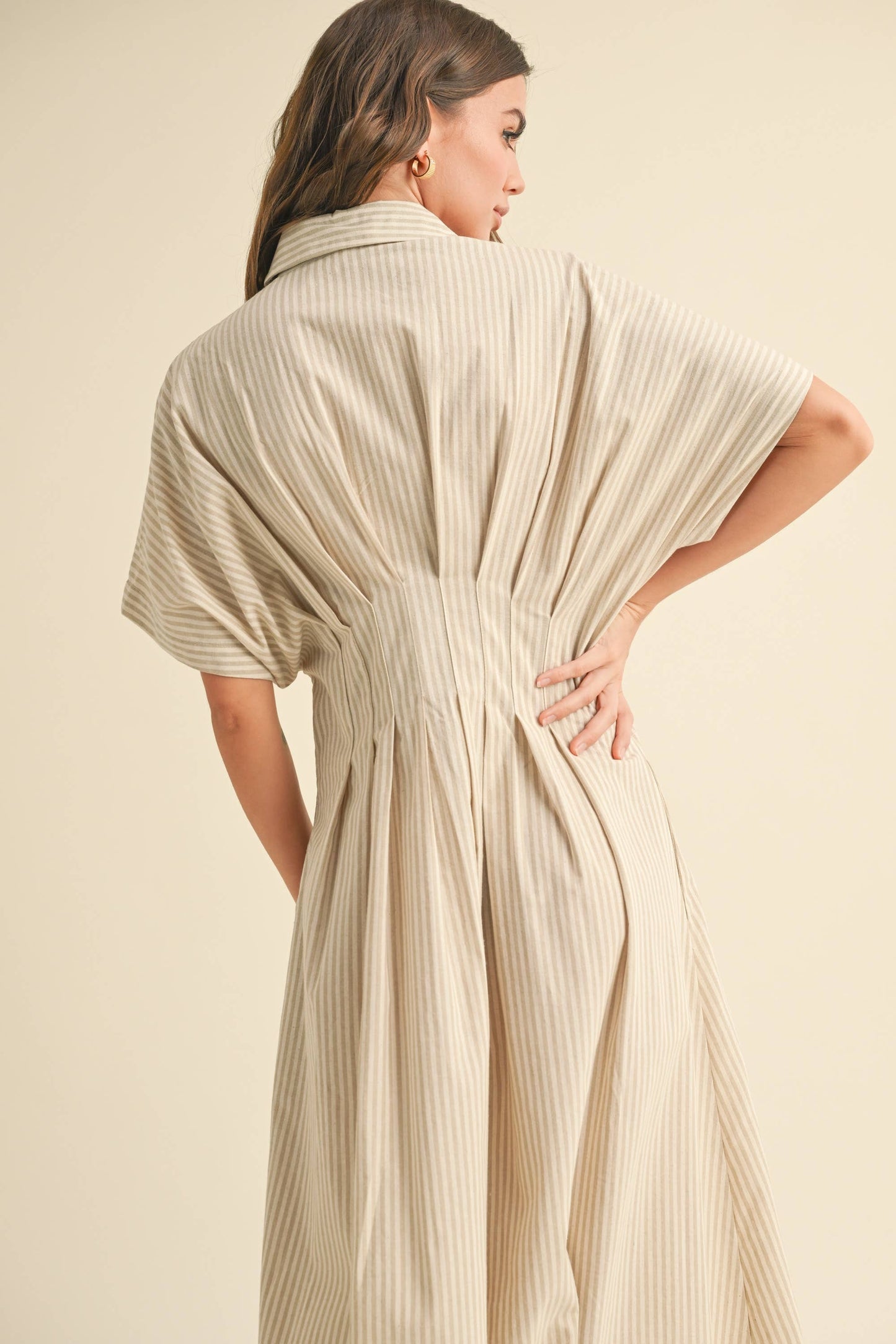 Miou Muse Tan Stripe Button Front Dress w Pleats