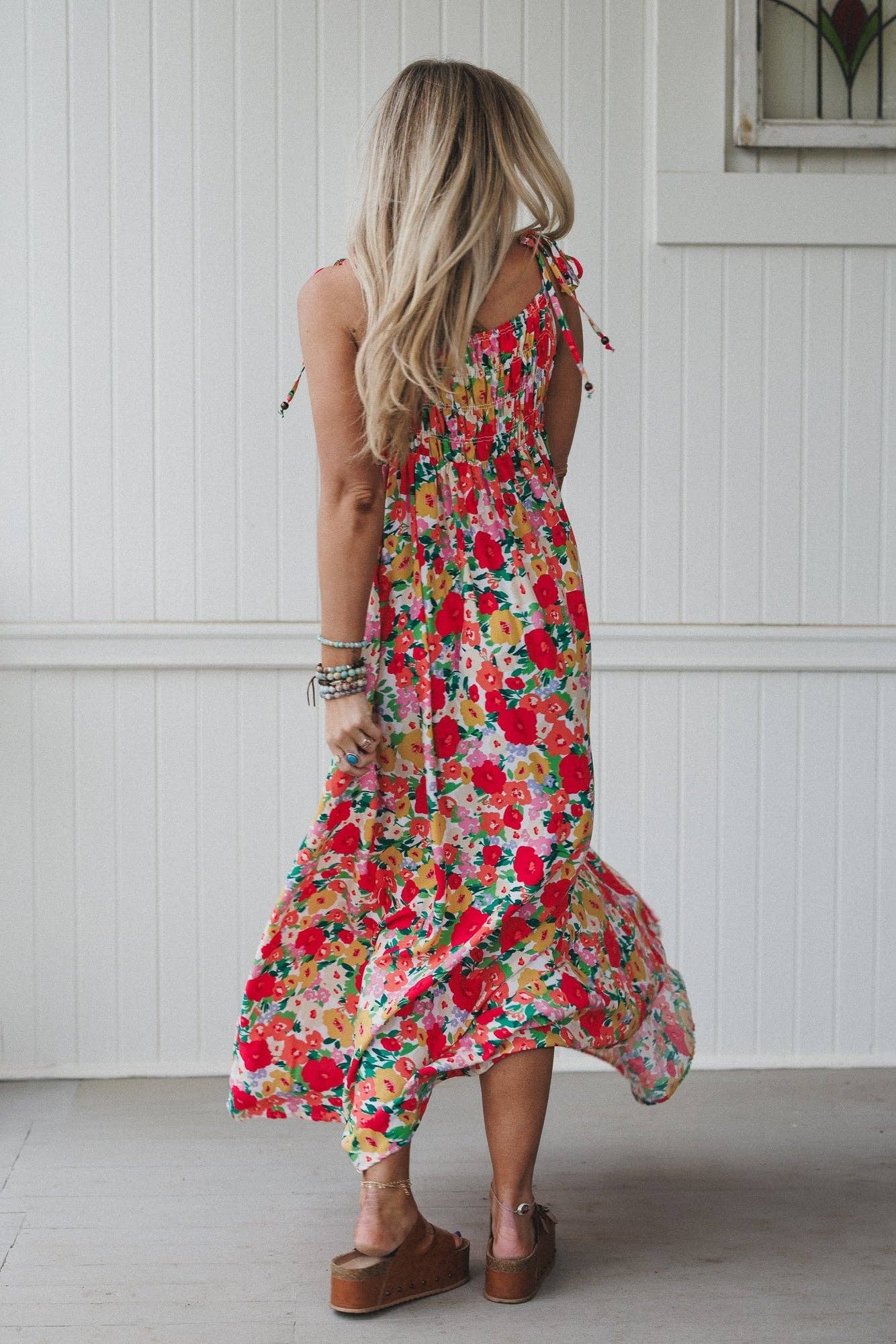 Three Bird Nest Red Floral Maxi Dress w Tie Shoulders