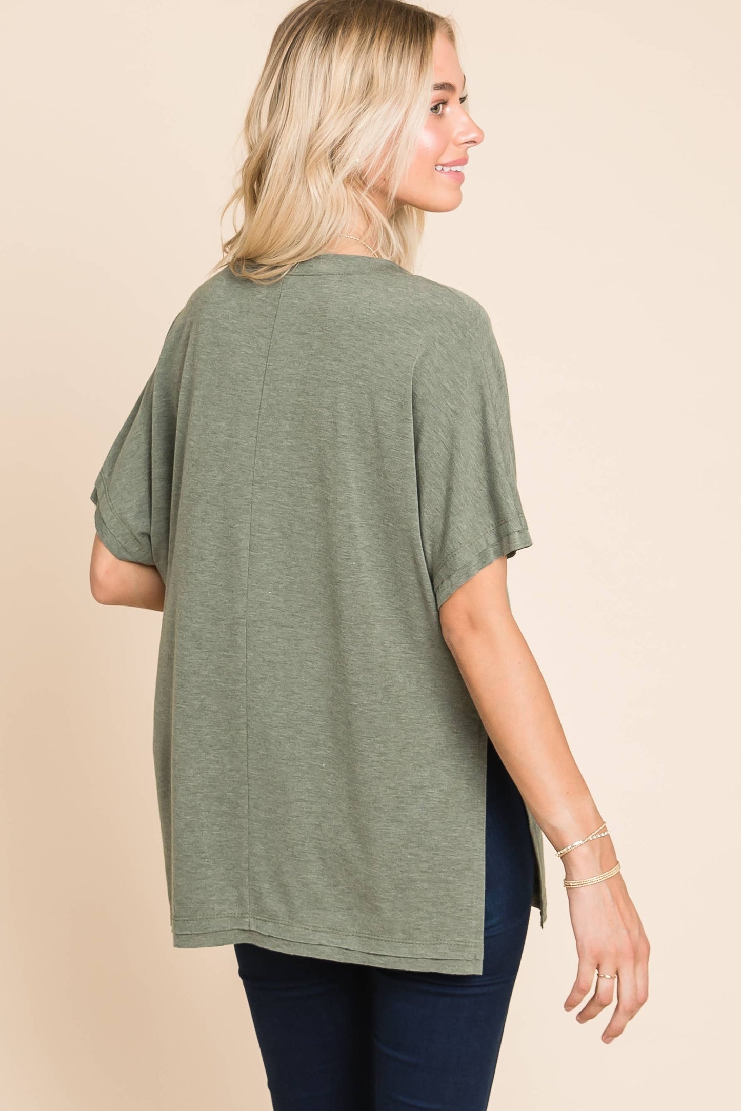 Emerald Marsala SS V Neck Top