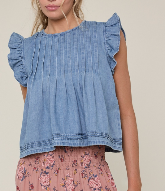 Wishlist Denim Pleated Ruffle Sleeve Top