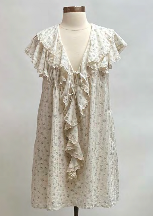 Storia Ivory Blue Floral Ruffle Mini Dress