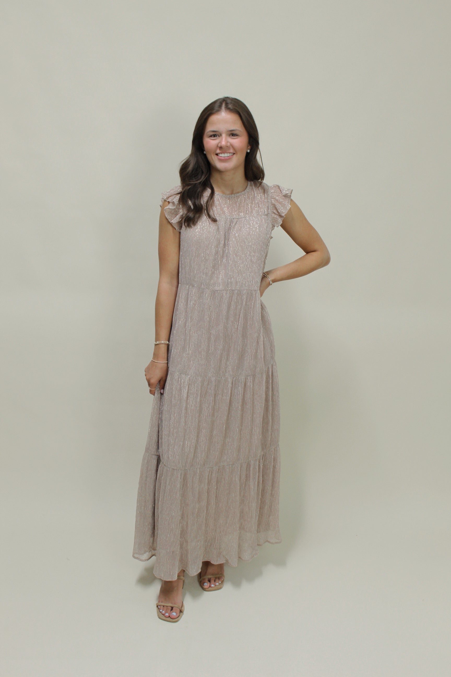shimmer maxi dress Wishlist Mink Shimmer Tiered Maxi Dress – Madi's