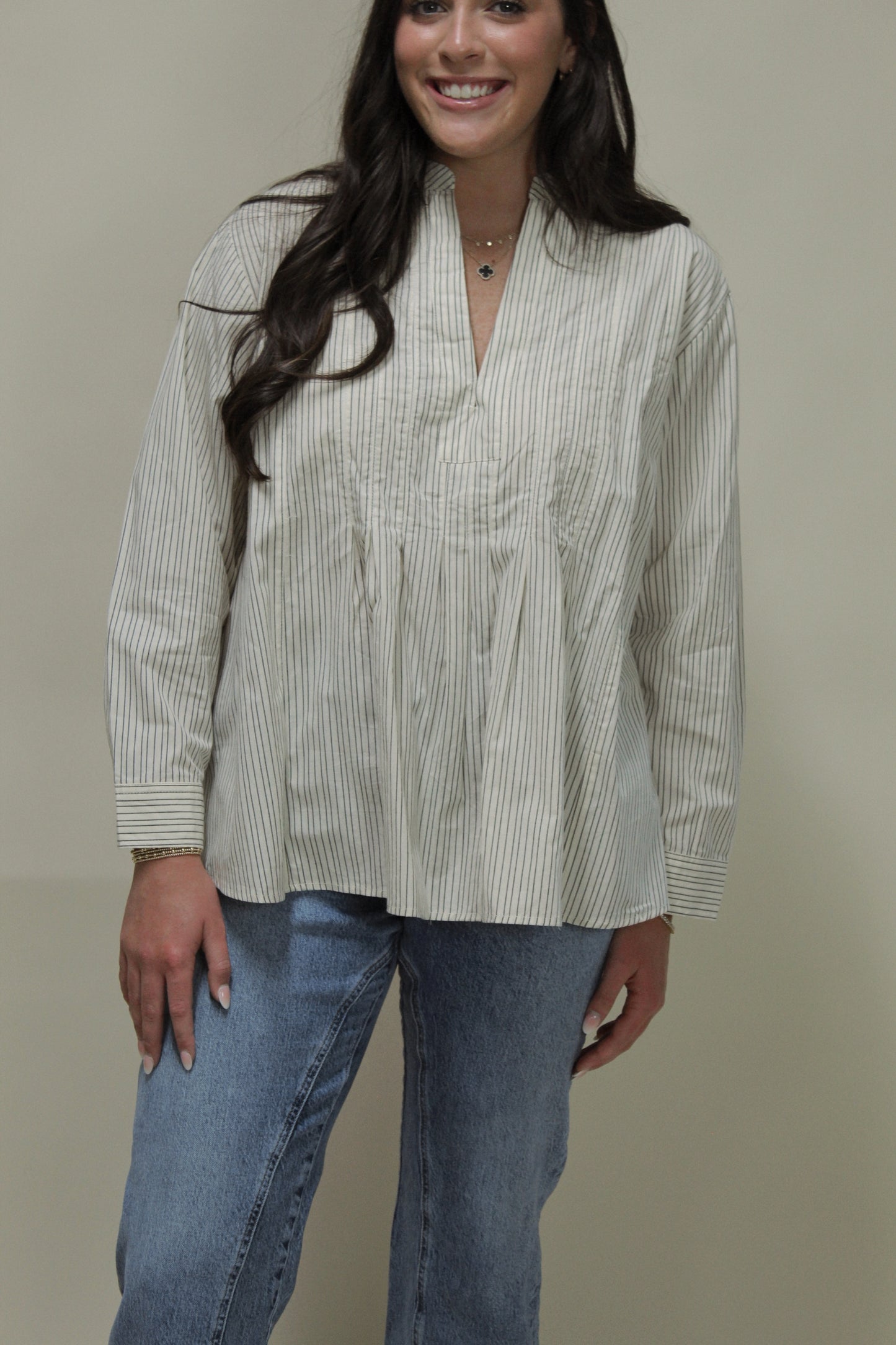 Lilly Striped V-Neck Pleated Top
