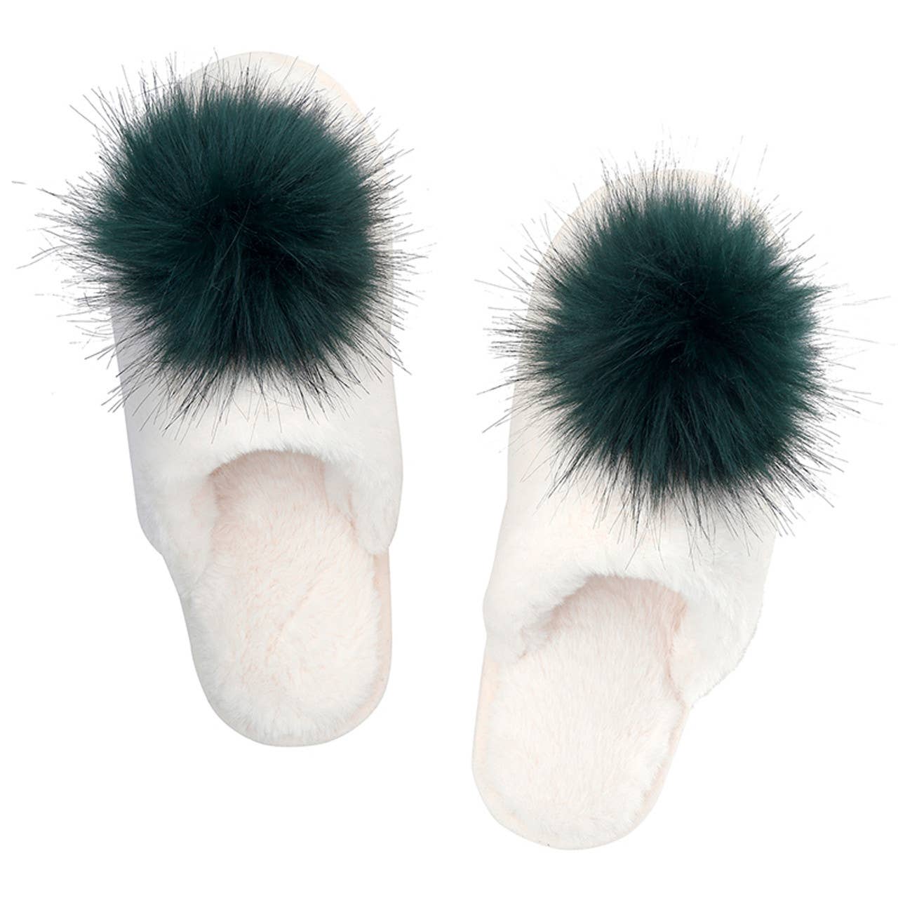 Bella Sleep Plush Slippers - Ivory + Forest Green Pom Pom