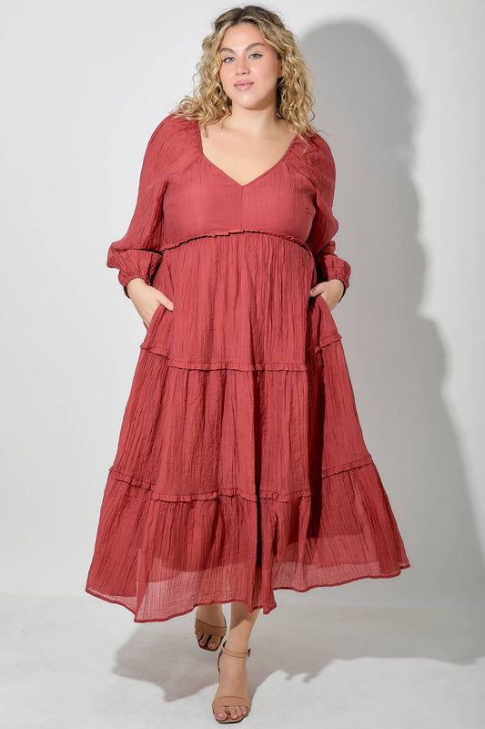 Baevely Plus Rust LS Tiered Maxi Dress