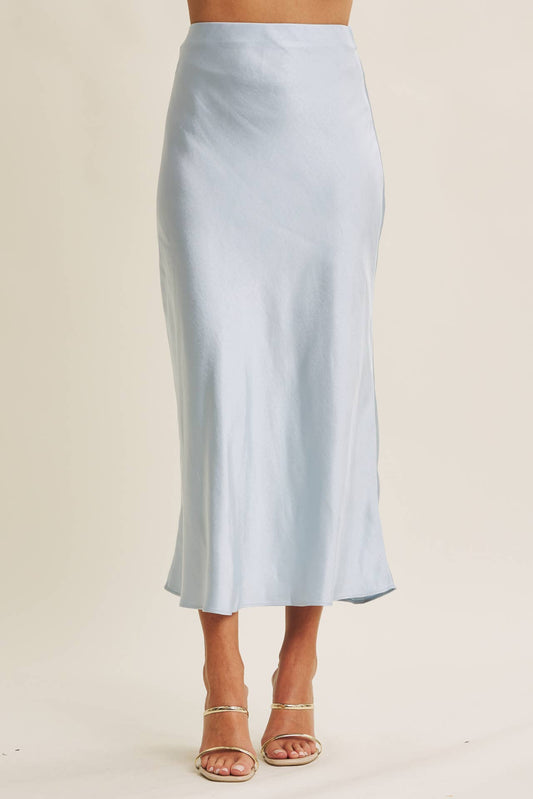 in february - HIGH QUALITY THICK SILKY SATIN BIAS CUT MAXI SKIRT: CLOUD BLUE, L