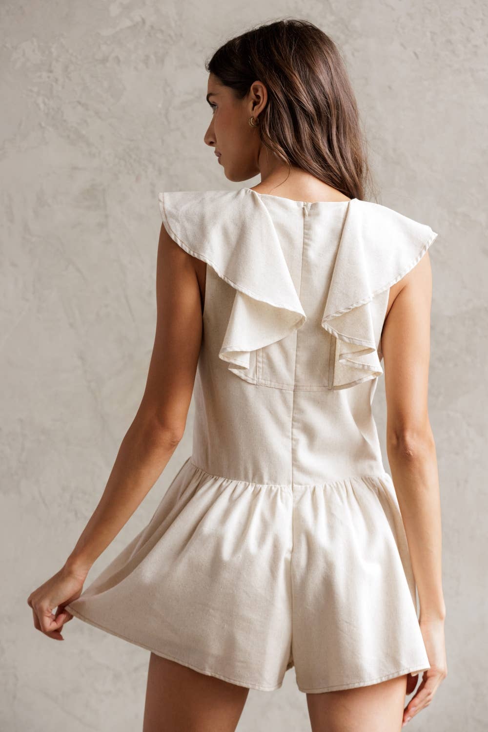 Storia Cream Sleeveless Ruffle Collar Romper