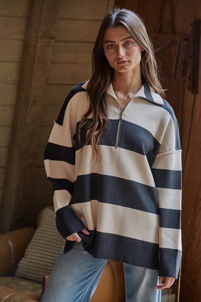 By Tog Knit Sand Striped Turtleneck Half Zip Up Top
