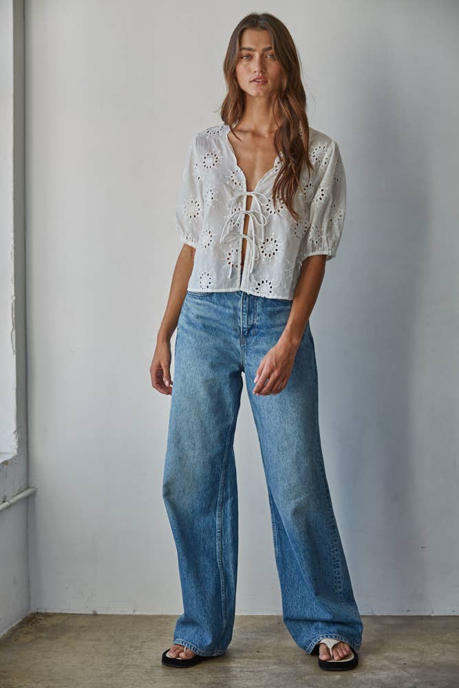 By Tog White Cotton Eyelet V-Neck Tie Front Top