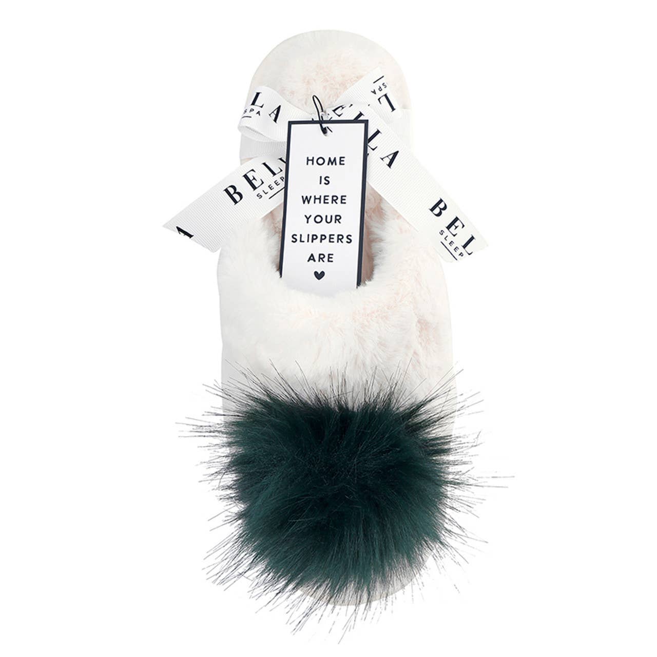 Bella Sleep Plush Slippers - Ivory + Forest Green Pom Pom