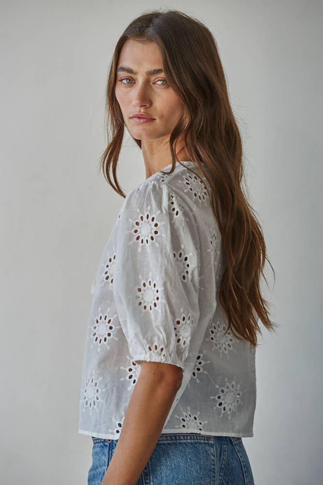 By Together - L9272 | Woven Cotton Eyelet V-Neck Tie Front Top: White, L