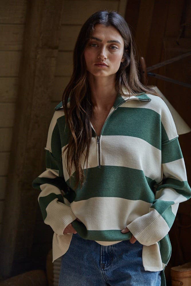 By Tog Knit Sand Striped Turtleneck Half Zip Up Top