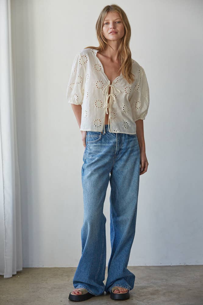 By Tog White Cotton Eyelet V-Neck Tie Front Top
