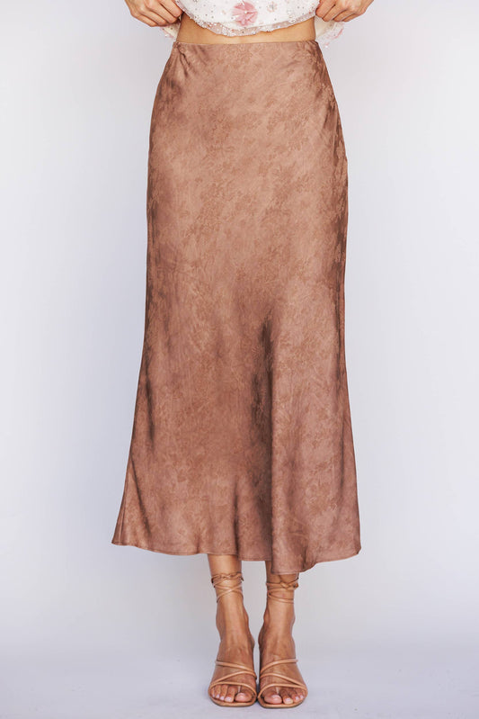 STORIA - JS5578-3-SATIN FLORAL JACQUARD MIDI SKIRT: BROWN FLORAL, L