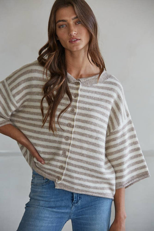 By Together - W2485 | Knit Sweater Striped Quarter Sleeve Cardigan : Taupe Cream, L