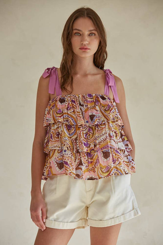 By Together - L7280 | Print Tube Neck Shoulder Tie Strap Layered Top: Violet Multi, L
