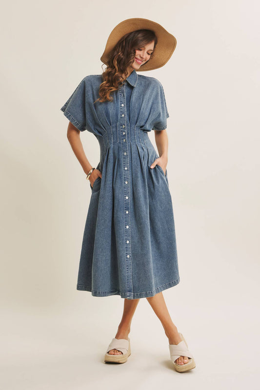 in february - STRETCHY MINERAL-WASHED BUTTON-DOWN PLEATED DENIM MIDI DRESS: WASHED DENIM, L