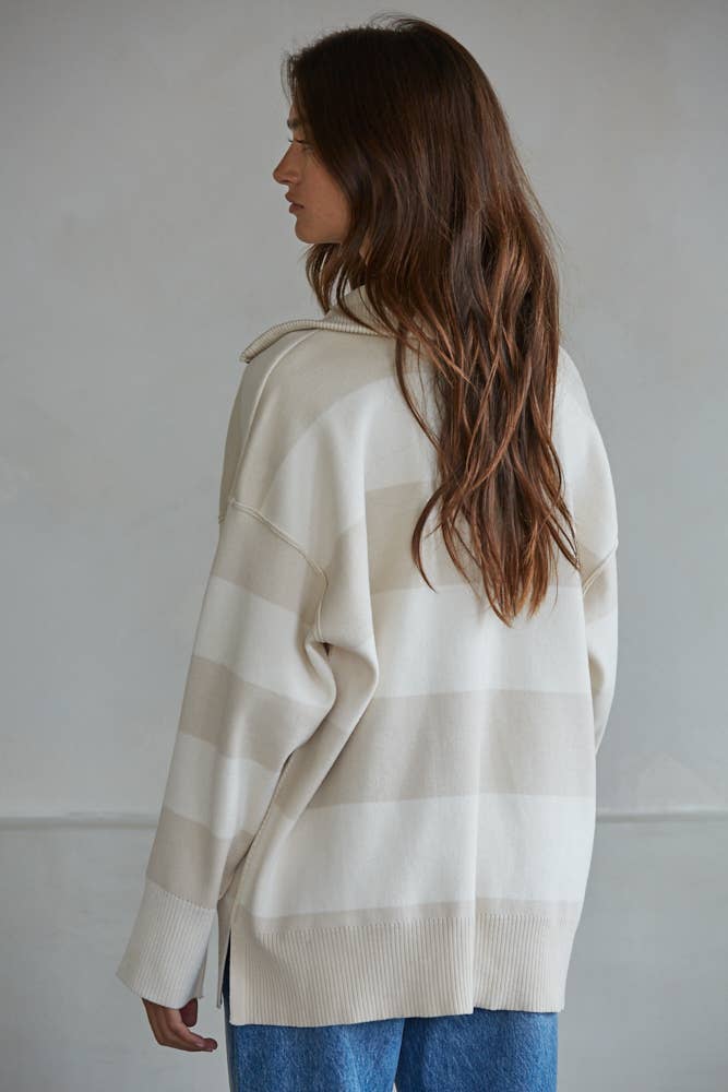By Together - W2199 | Knit Striped Turtleneck Half Zip Up Top: Sand Cream, L