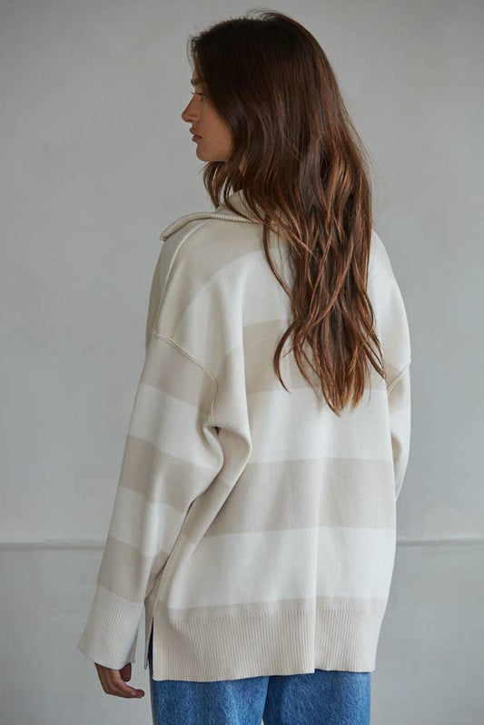By Together - W2199 | Knit Striped Turtleneck Half Zip Up Top: Sand Cream, L