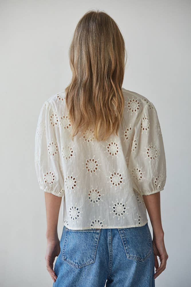 By Tog White Cotton Eyelet V-Neck Tie Front Top