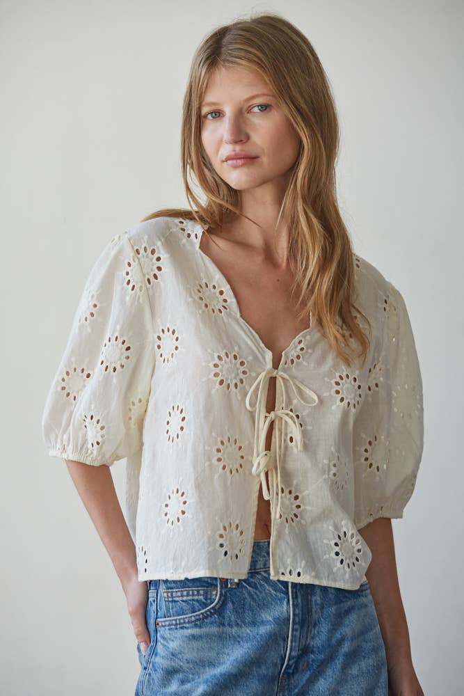 By Tog White Cotton Eyelet V-Neck Tie Front Top