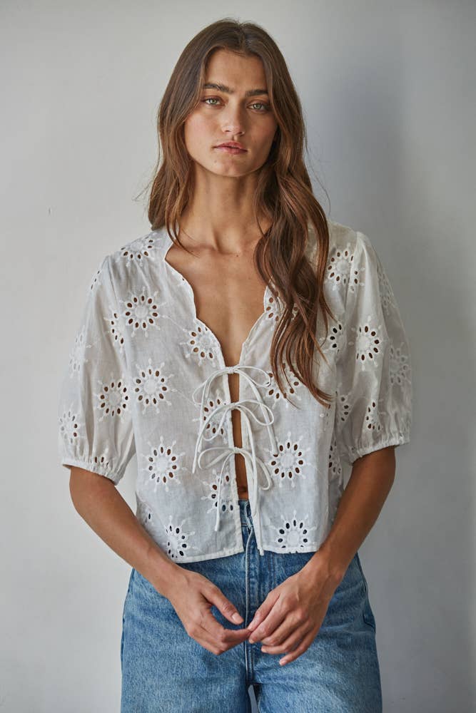 By Tog White Cotton Eyelet V-Neck Tie Front Top