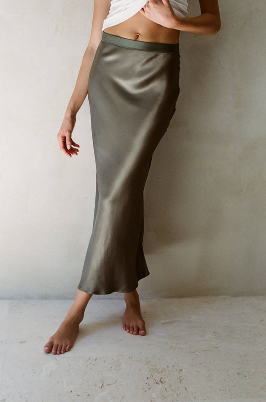 A Ren Olive Satin Maxi Skirt