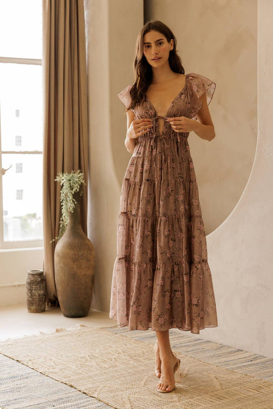 STORIA - JD4770-8 - FLORAL TIE FRONT TIERED MIDI DRESS: MAUVE FLORAL, L