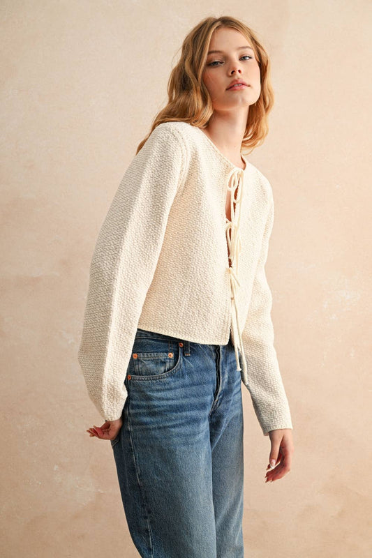 MIOU MUSE - J4851   TWO TONE TIE FRONT LONG SLEEVE CARDIGAN: CREAM, L