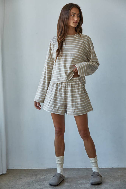 By Together - L8797B | Knit Cotton Striped Elastic Waist Shorts: Taupe White, L