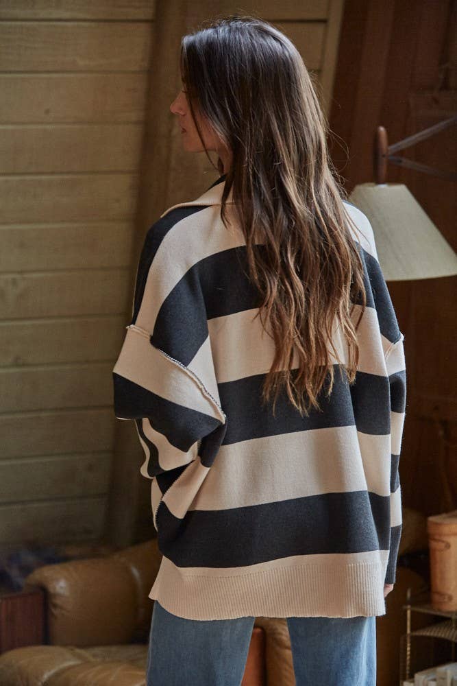 By Tog Knit Sand Striped Turtleneck Half Zip Up Top