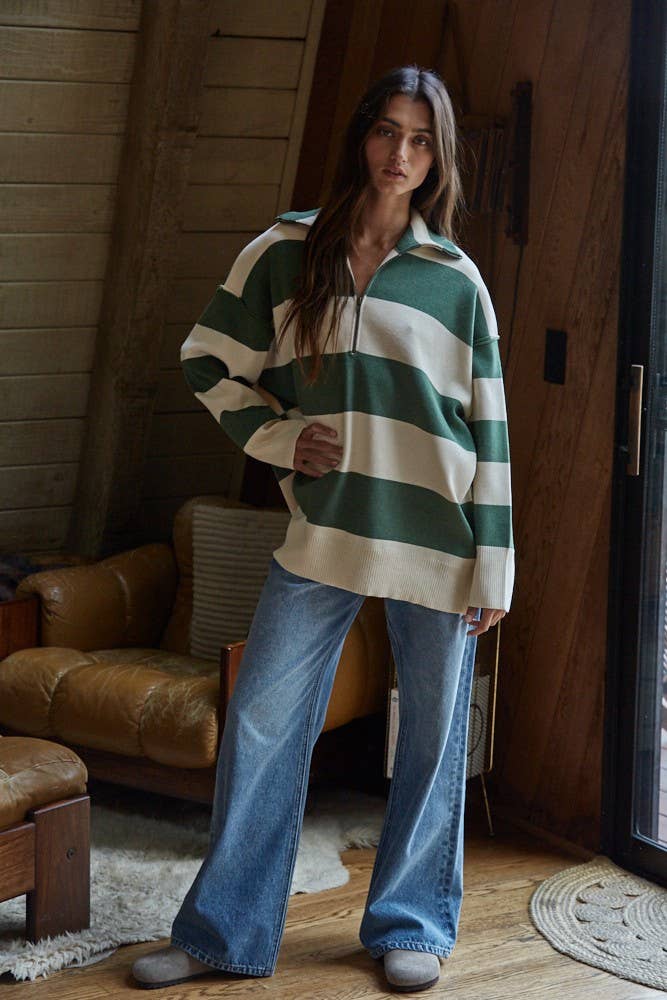 By Tog Knit Sand Striped Turtleneck Half Zip Up Top