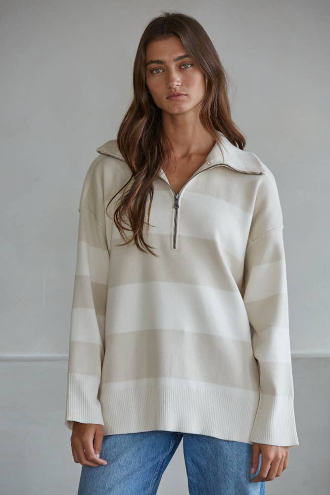 By Tog Knit Sand Striped Turtleneck Half Zip Up Top