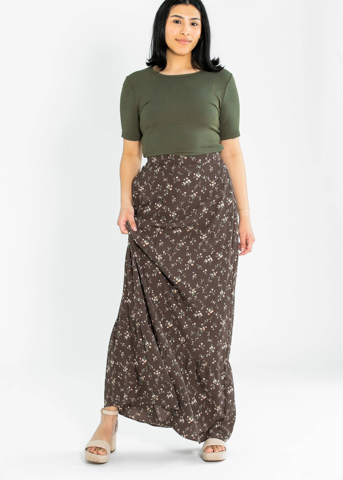 Inherit Brown Floral Havyn Lined Maxi Skirt