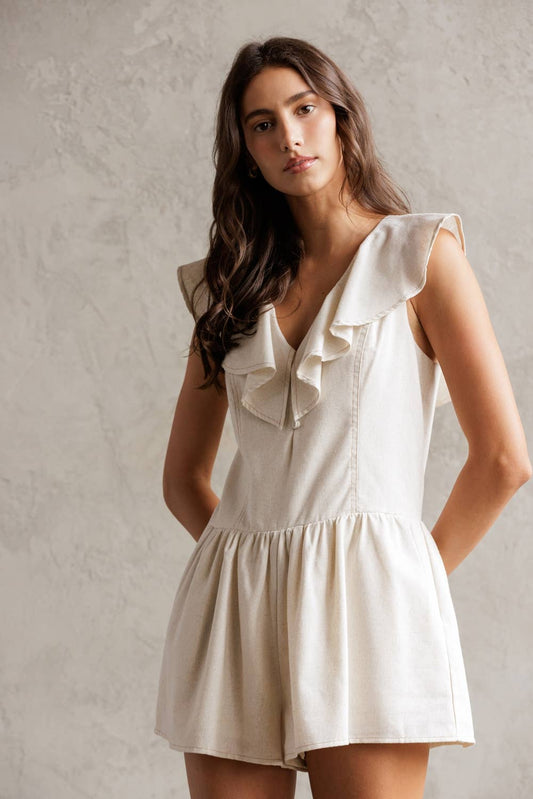 STORIA - JR8123-SLEEVELESS RUFFLE COLLAR ROMPER: SAND, L