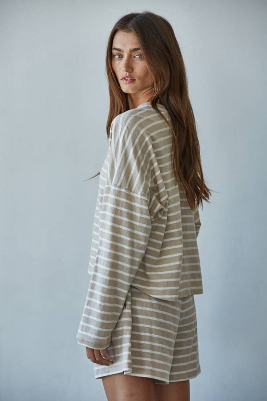 By Together - L8797T | Knit Cotton Striped Mock Neck Long Sleeve : Taupe White, L