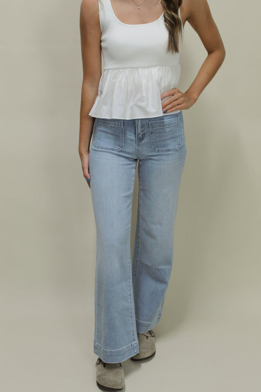Flying Monkey High Rise Front Patch Pocket Wide Hem Trouser Jean