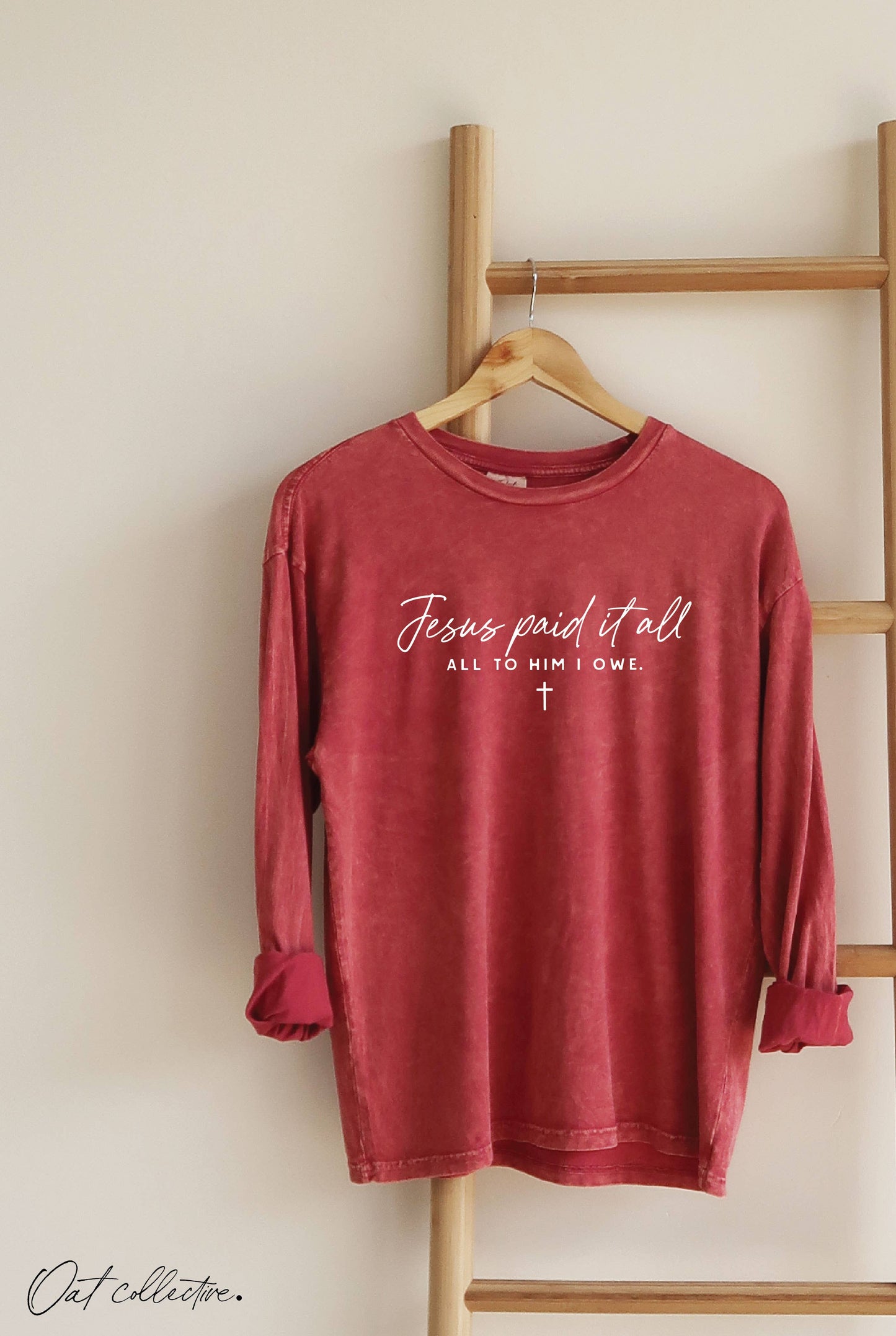OAT COLLECTIVE Red JESUS PAID IT ALL LS Tee