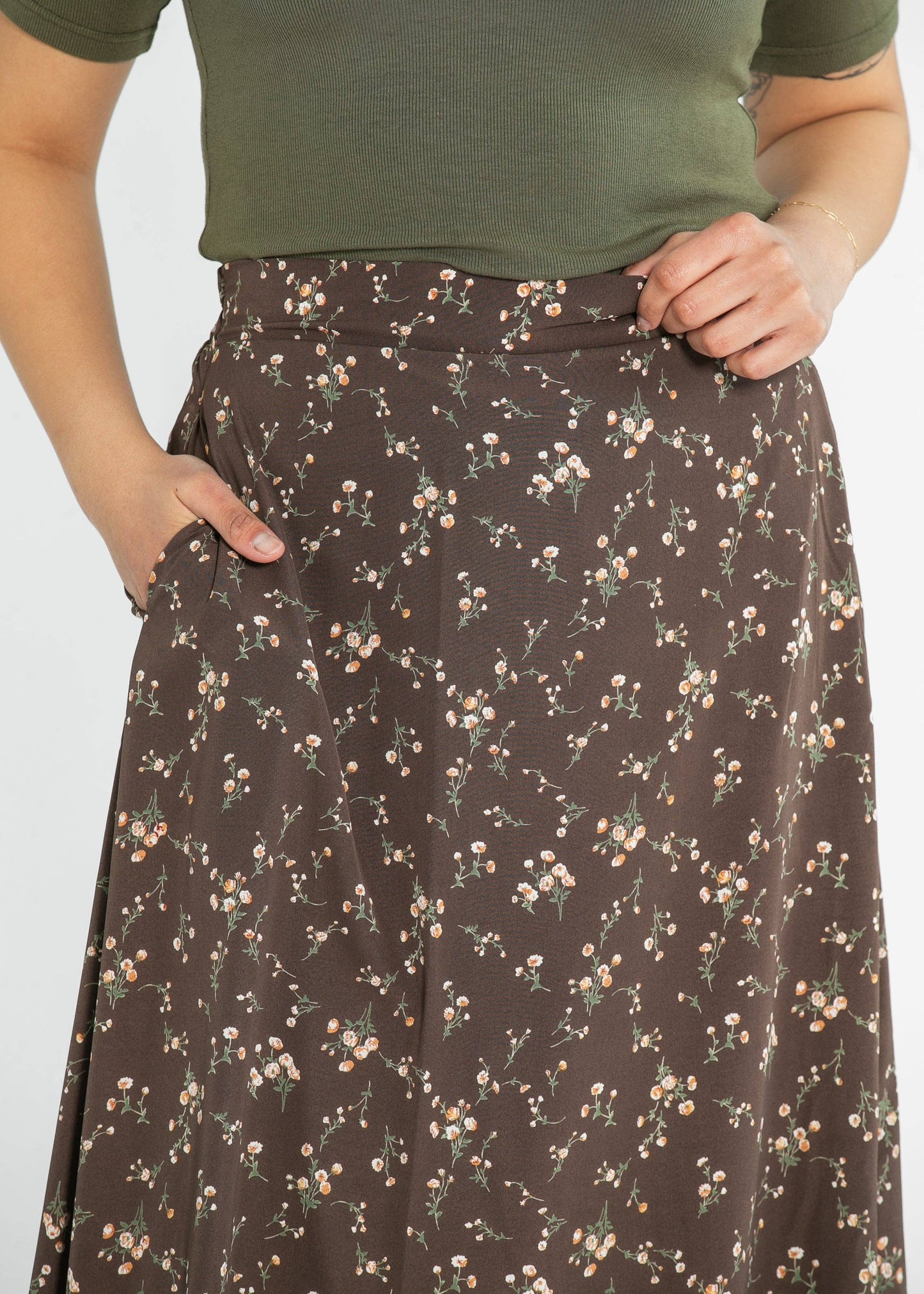 Inherit Brown Floral Havyn Lined Maxi Skirt