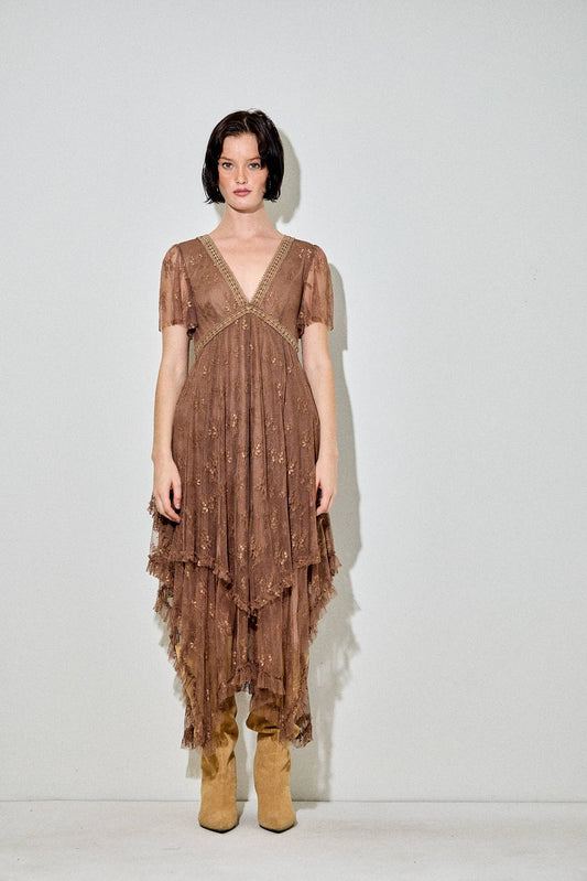 Baevely Plus Brown Lace Asymmetrical Hem Dress