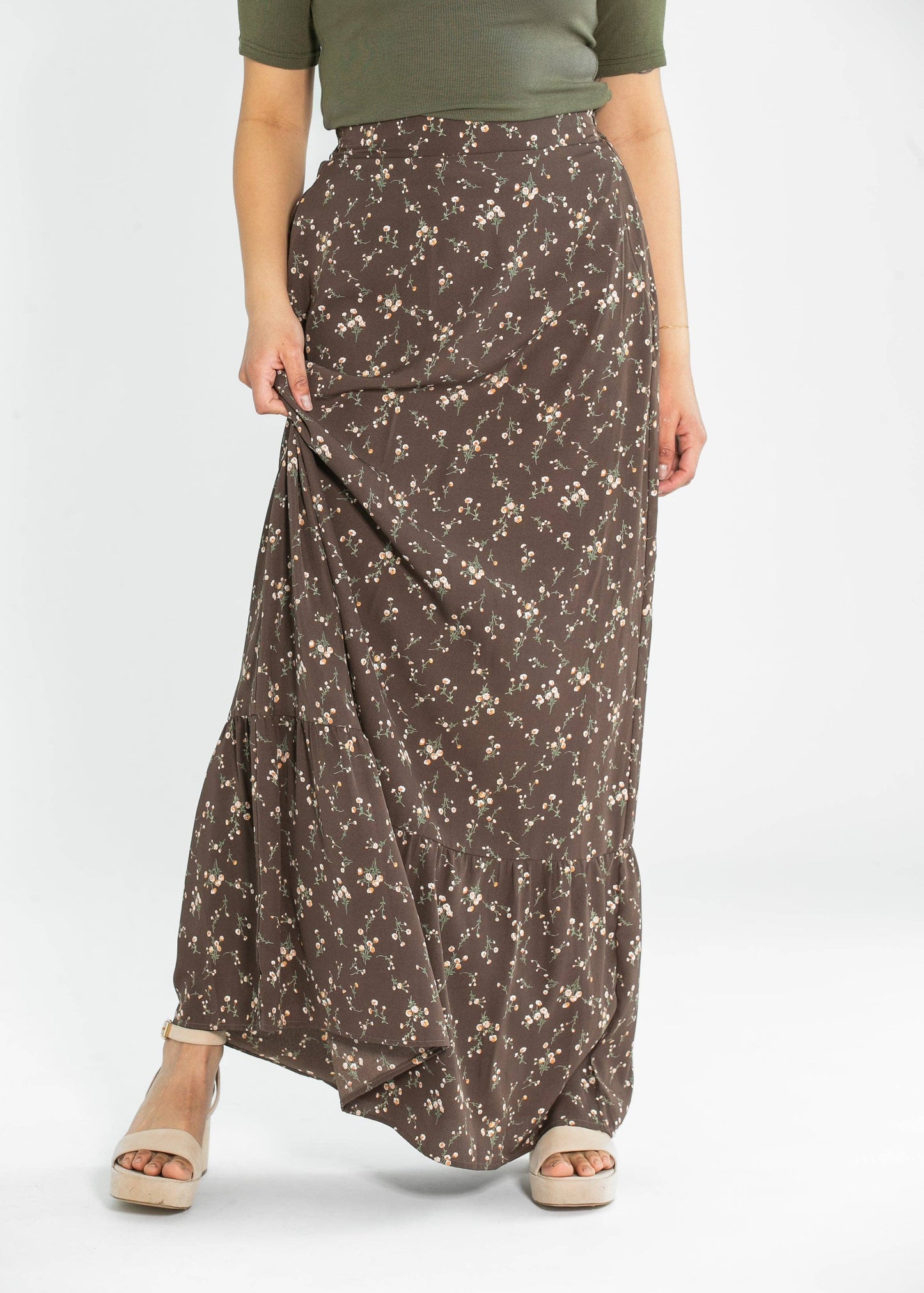 Inherit Brown Floral Havyn Lined Maxi Skirt