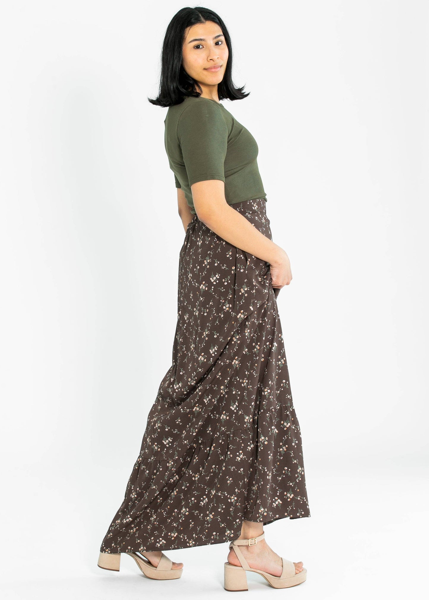 Inherit Brown Floral Havyn Lined Maxi Skirt
