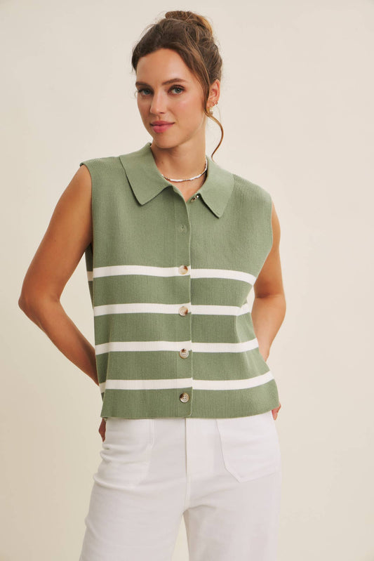 in february - ALL SEASON LAYERING VISCOSE RIB BUTTON-DOWN SWEATER VEST: STONE GREEN, L