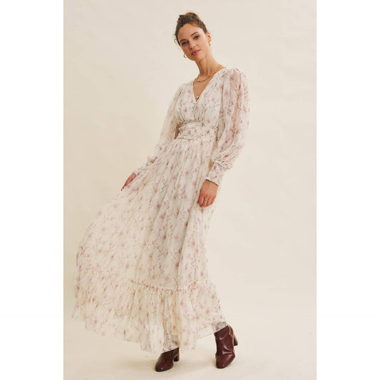 In Feb Cream Floral Mesh Maxi Dress with Smocked Waist