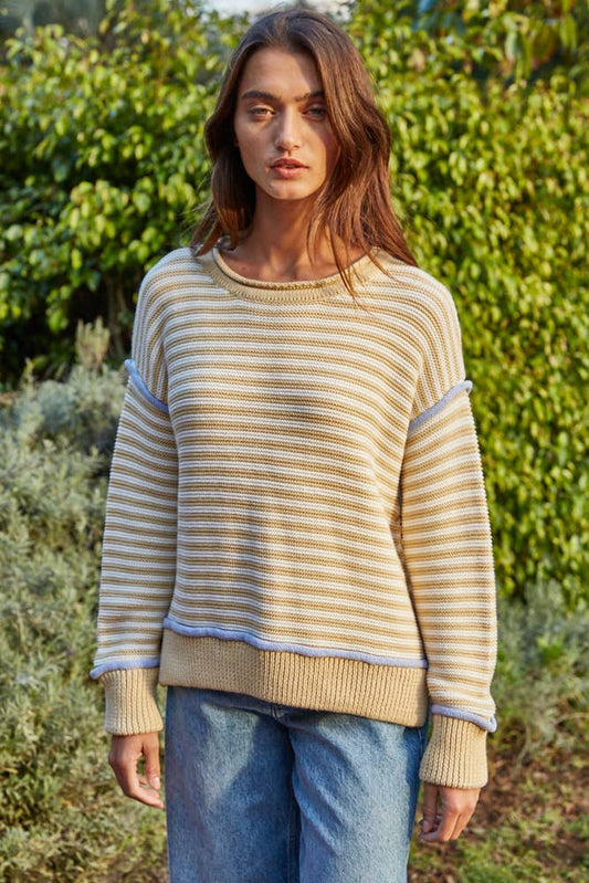 By Together - W2416 | Knit Sweater Cotton Polyester Striped Contrast Seam: Mustard White, L